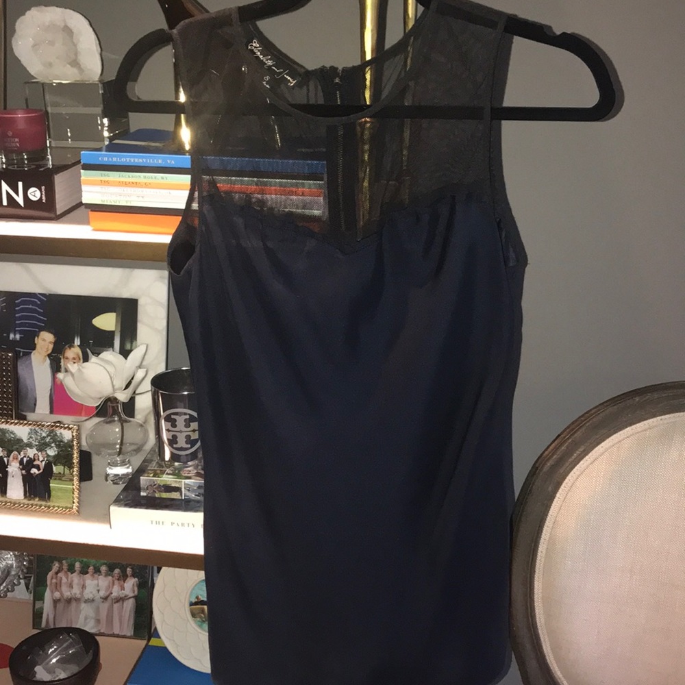 Dark navy silk blouse with mesh top